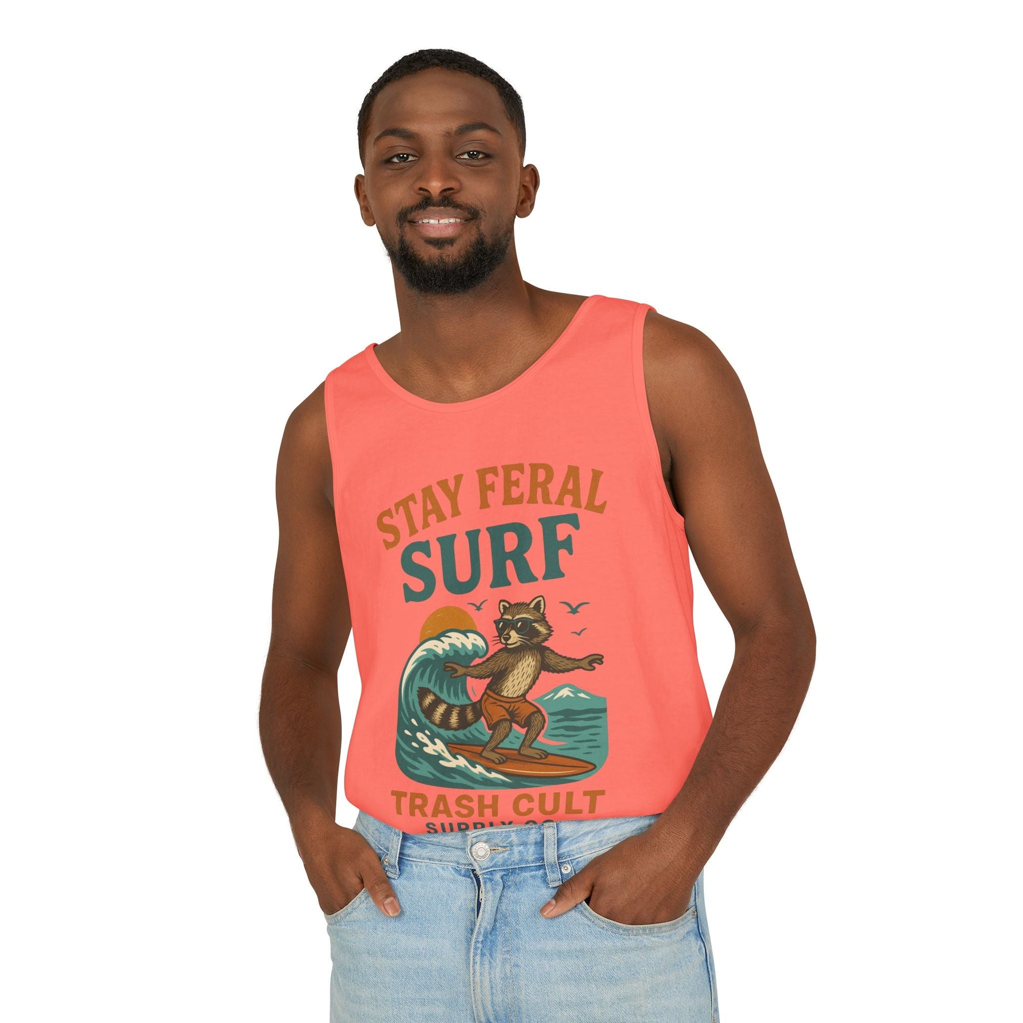 Stay Feral Surf Tank Top – Retro Raccoon Beach Tank – Trash Cult Supply Co – Comfort Colors 9360