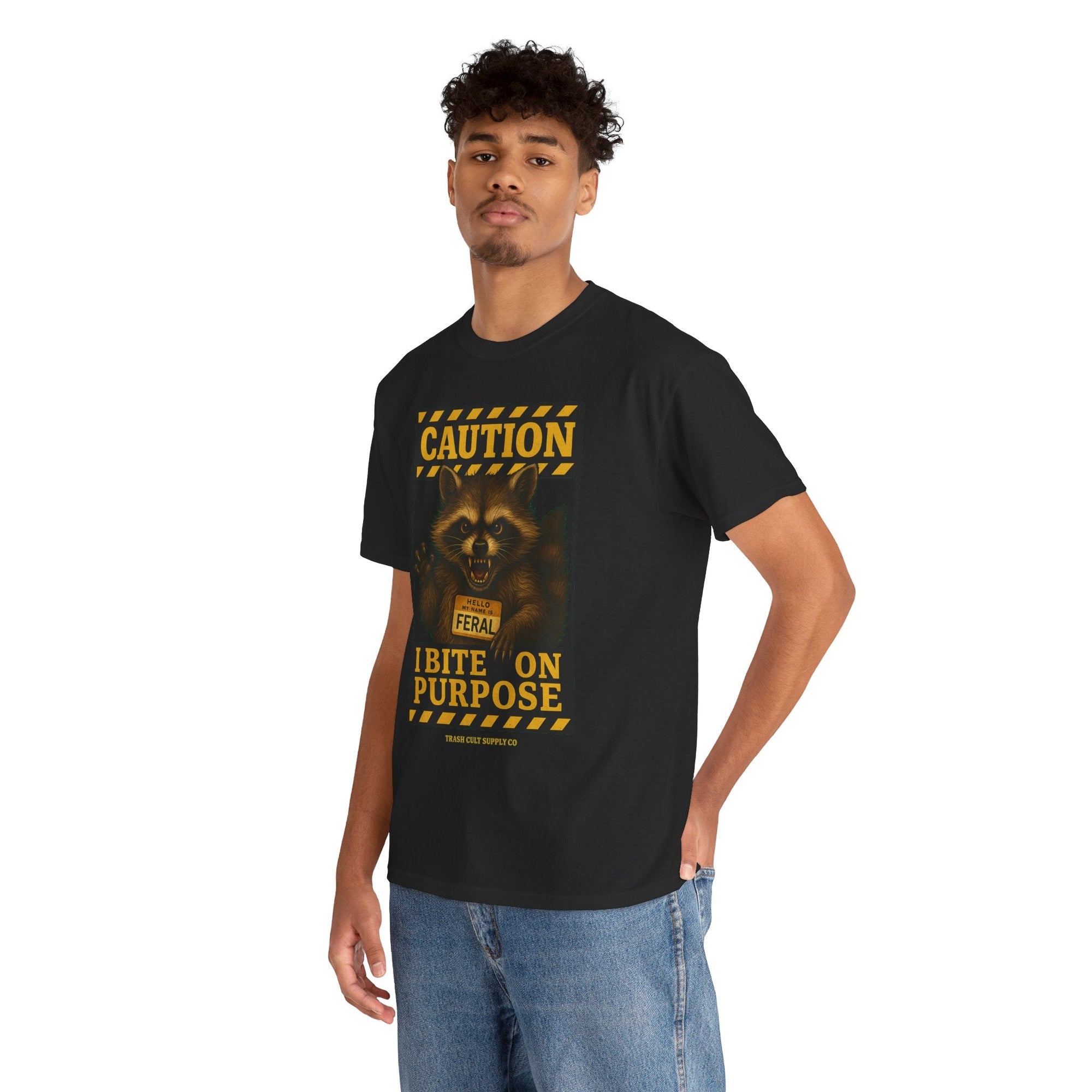 I Bite On Purpose Raccoon Warning T-Shirt – Caution Sign Style | Trash Cult Supply Co | Gildan 5000