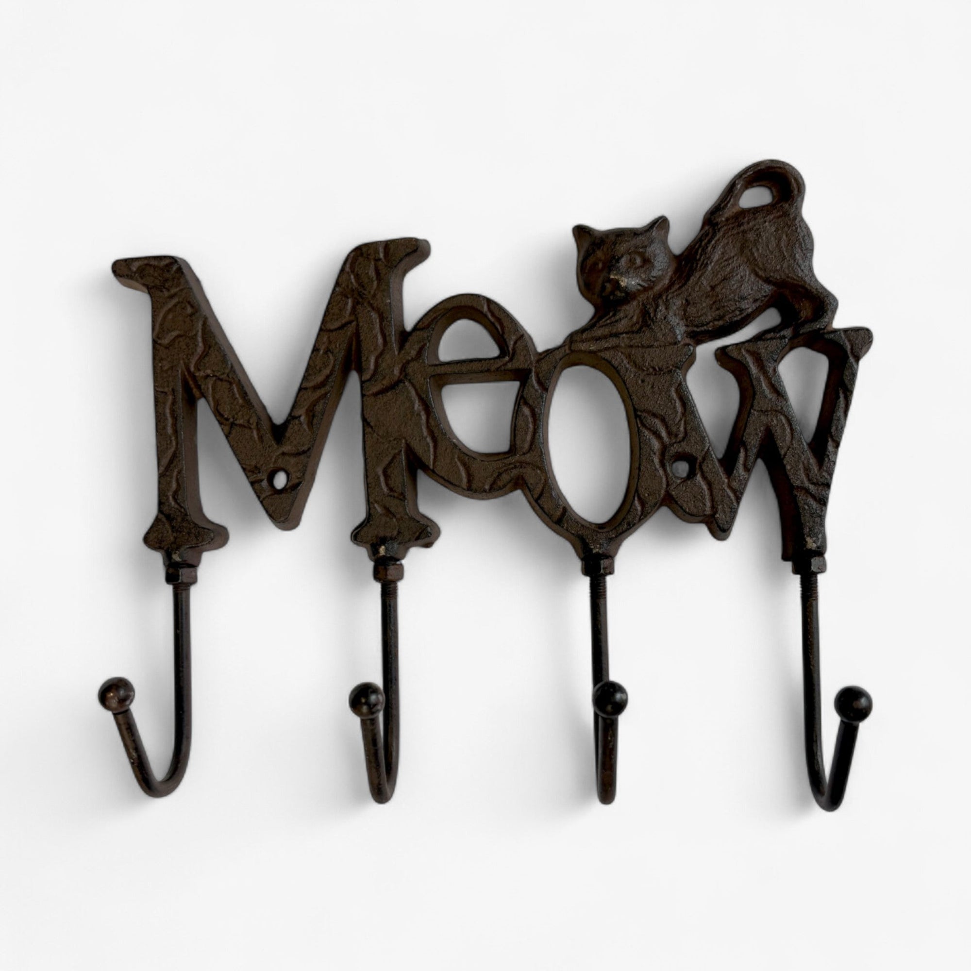 Whimsical Cast Iron Meow Cat Hook Rack, Rustic Wall Organizer