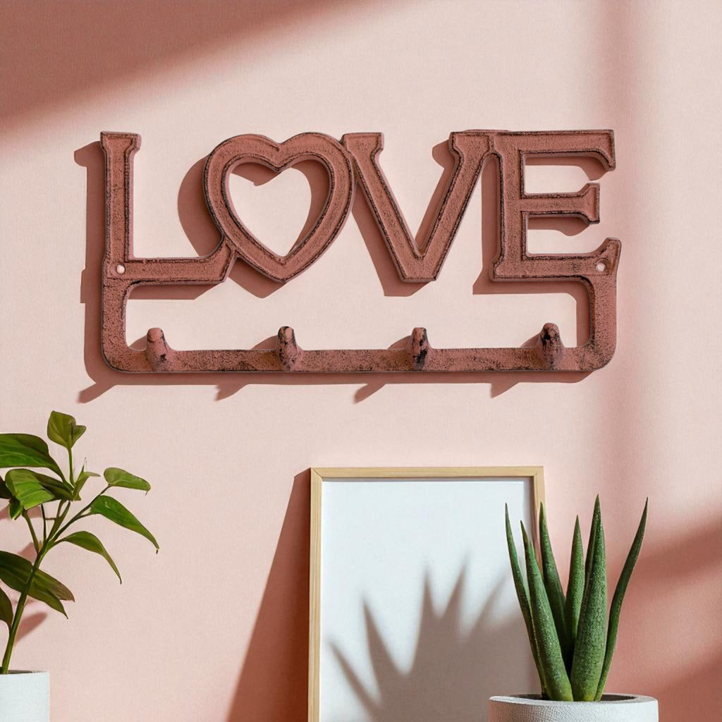 Rustic Cast Iron Love Hook Rack with Heart, Romantic Wall Organizer