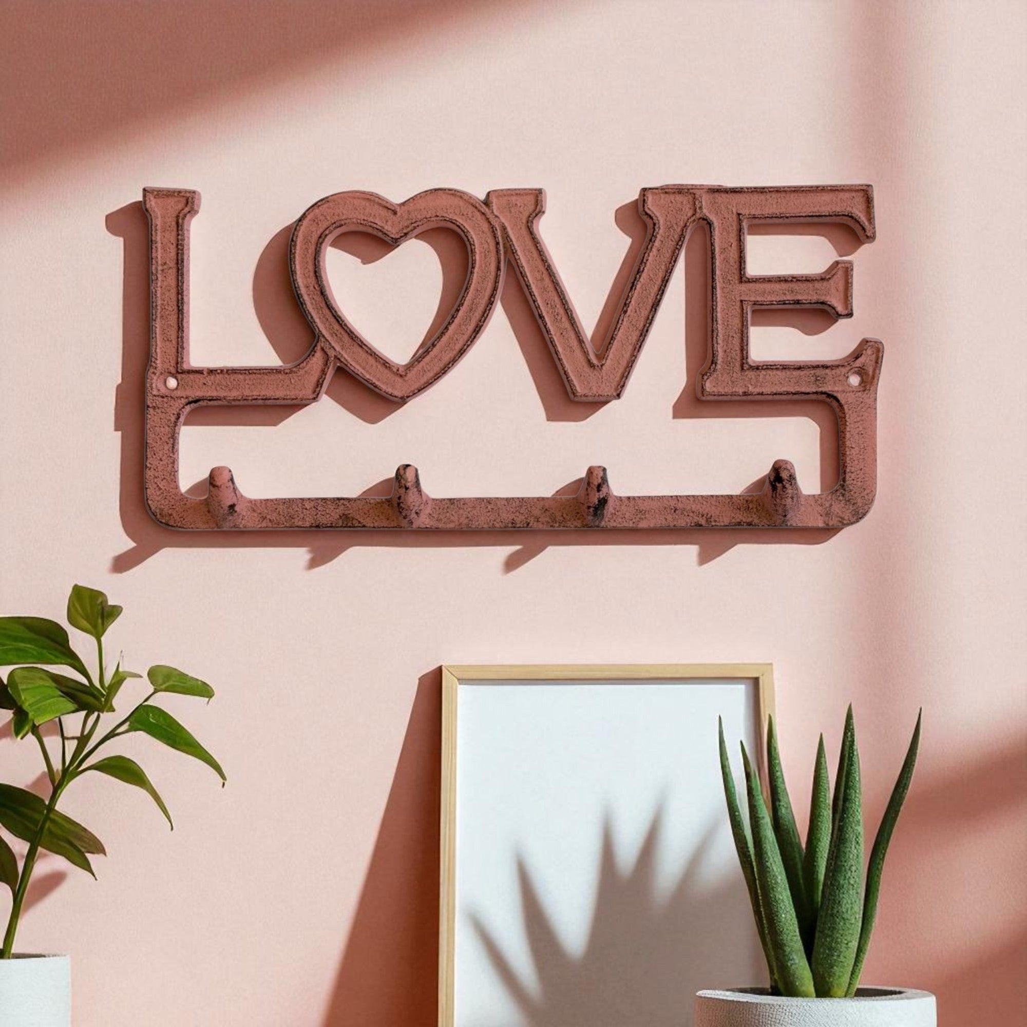 Rustic Cast Iron Love Hook Rack with Heart, Romantic Wall Organizer