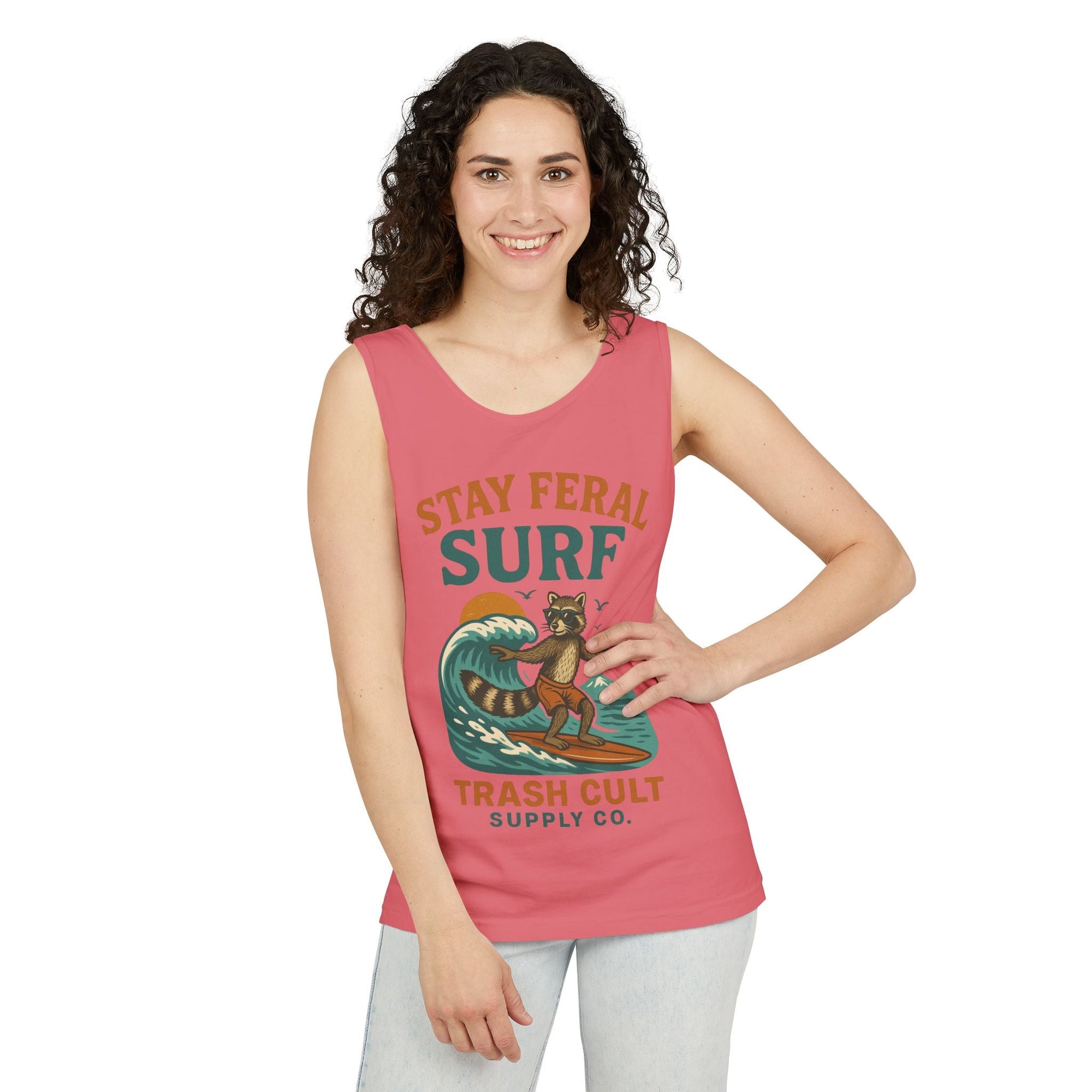 Stay Feral Surf Tank Top – Retro Raccoon Beach Tank – Trash Cult Supply Co – Comfort Colors 9360