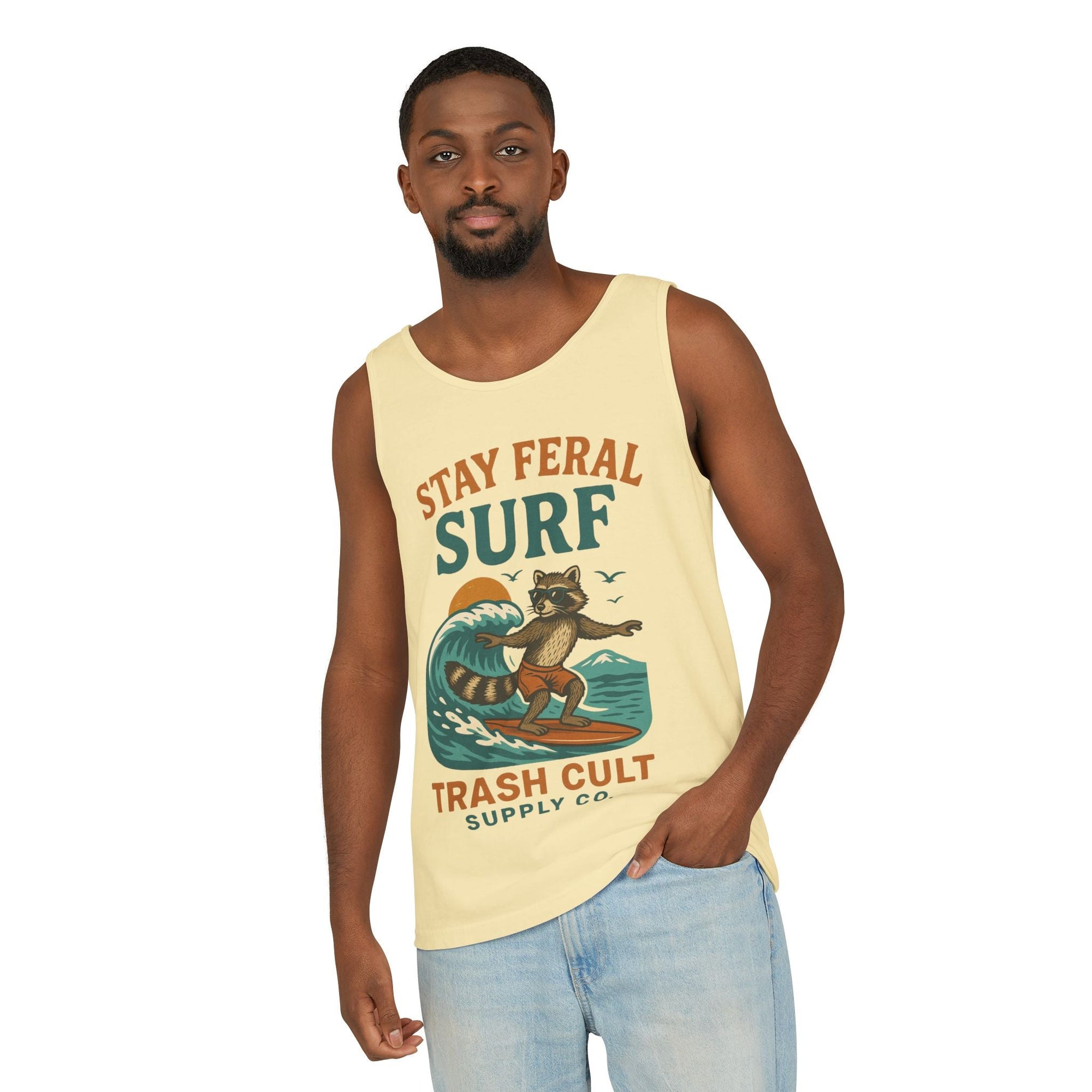 Stay Feral Surf Tank Top – Retro Raccoon Beach Tank – Trash Cult Supply Co – Comfort Colors 9360