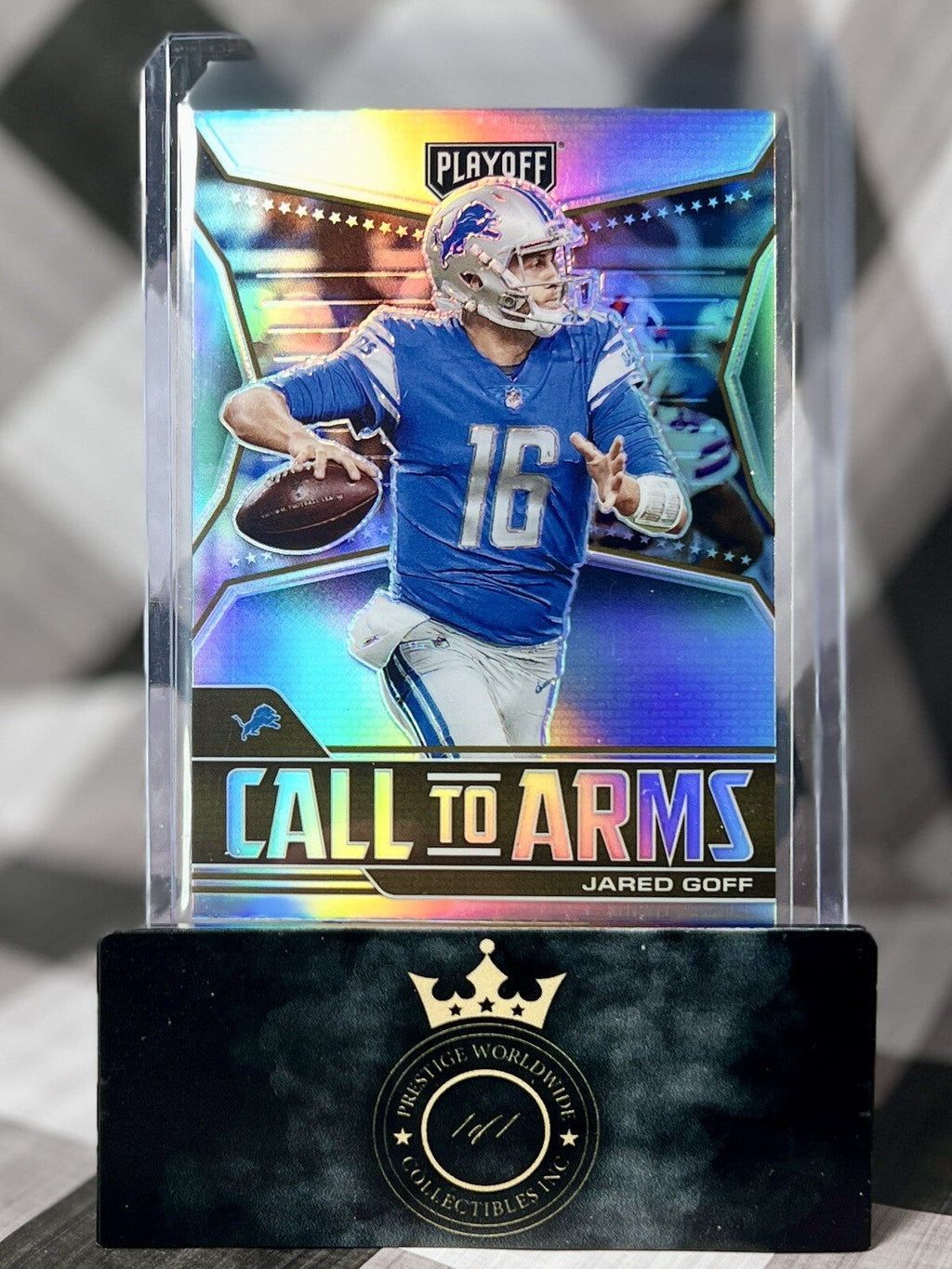 Jared Goff 2021 Panini Playoff Silver Holo Call to Arms #CA-JGO Detroit Lions