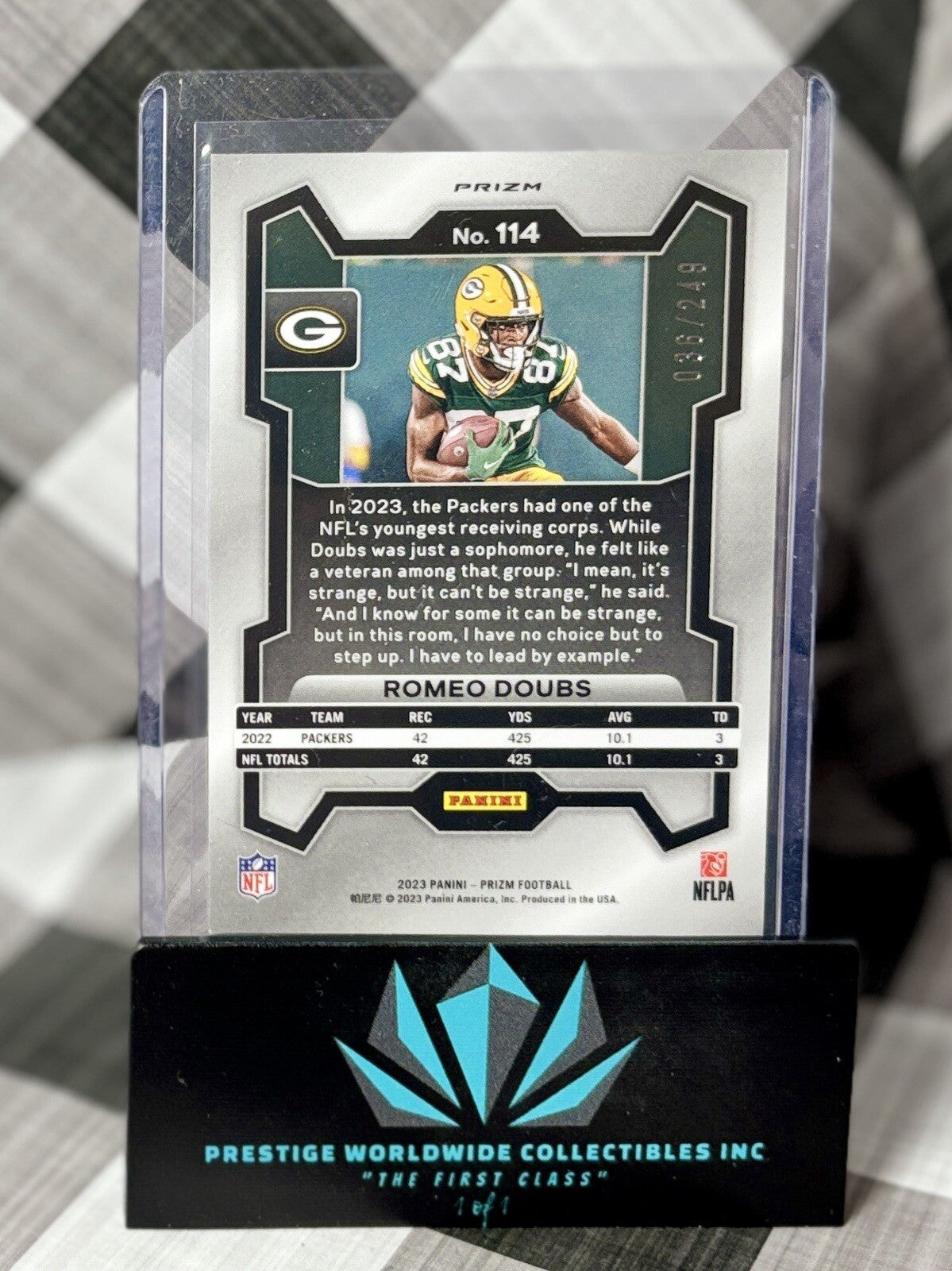Romeo Doubs 2023 Panini Prizm Orange Prizm /249 #114 Green Bay Packers