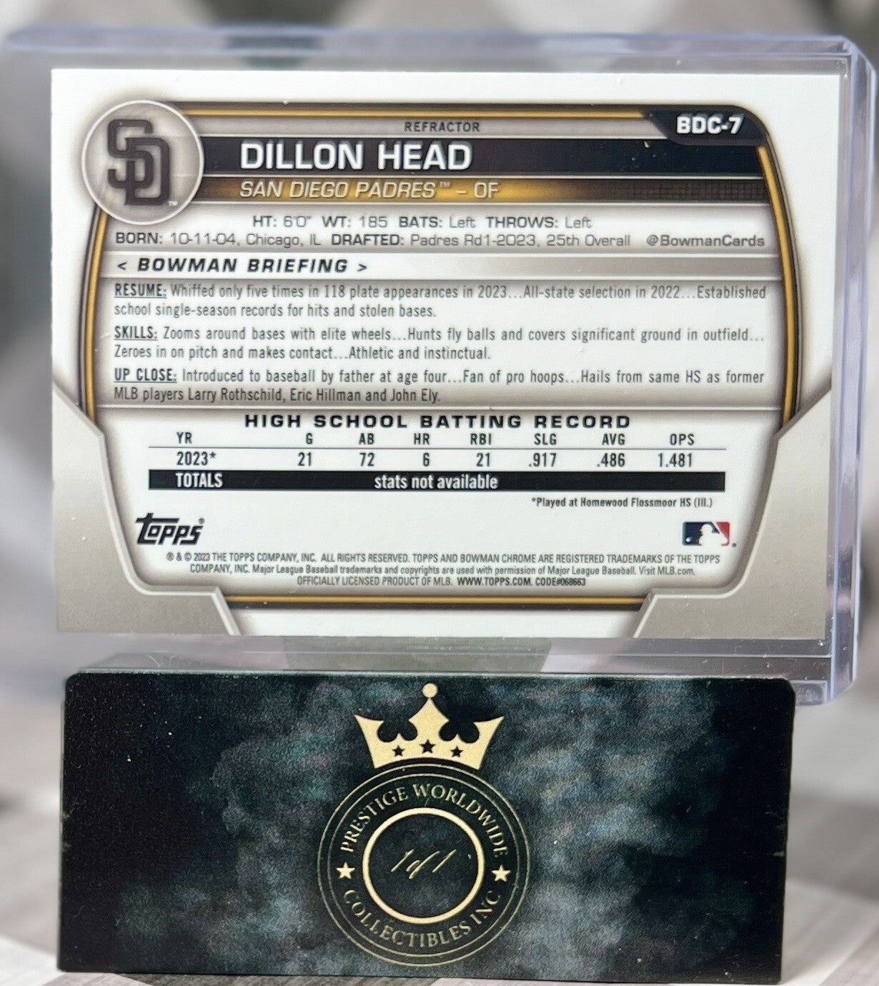 Dillon Head 2023 Bowman Draft Chrome 1st Refractor #BDC-7 San Diego Padres