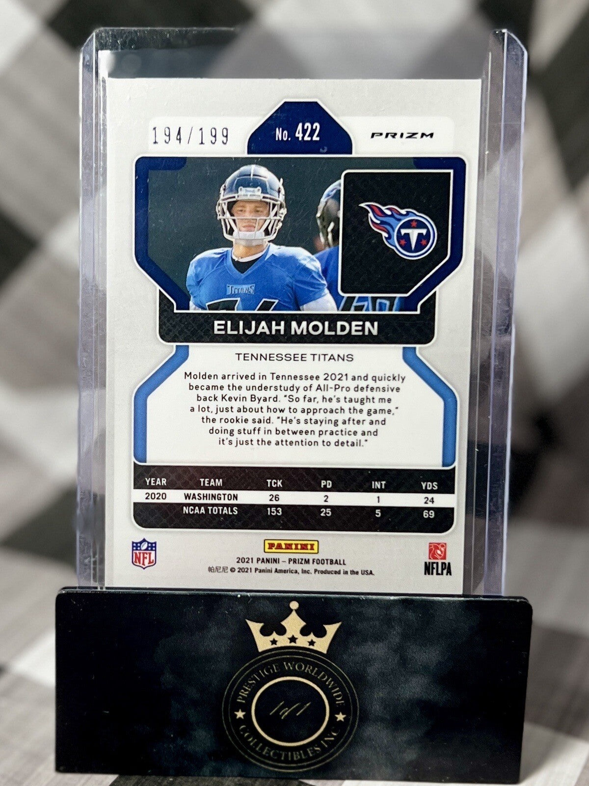 Elijah Molden 2021 Panini Prizm Blue Wave Rookie /199 #422 Tennessee Titans RC