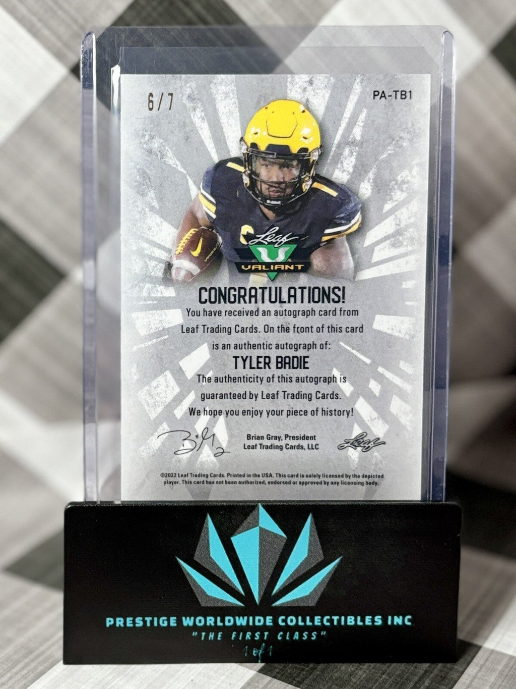 Tyler Badie 2022 Leaf Valiant Rookie Auto Crystal Platinum Blue /7 #PATB1 Denver