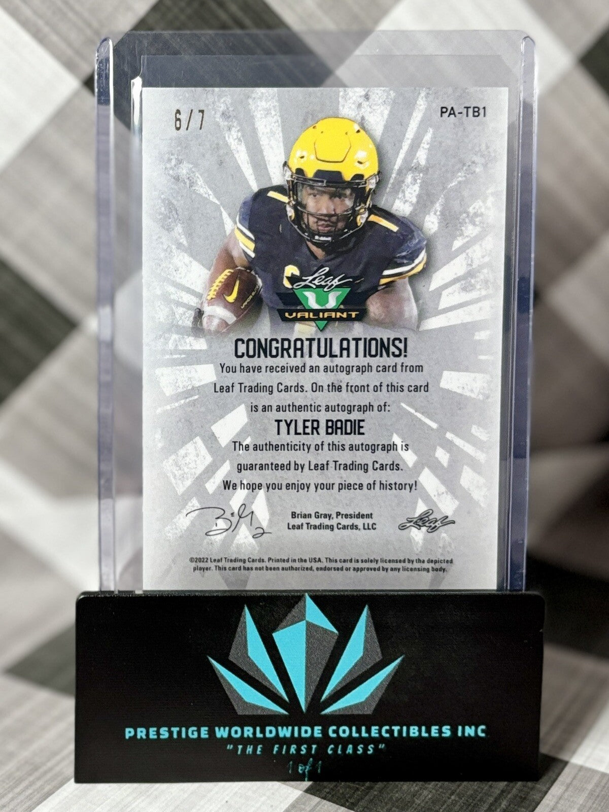 Tyler Badie 2022 Leaf Valiant Rookie Auto Crystal Platinum Blue /7 #PATB1 Denver