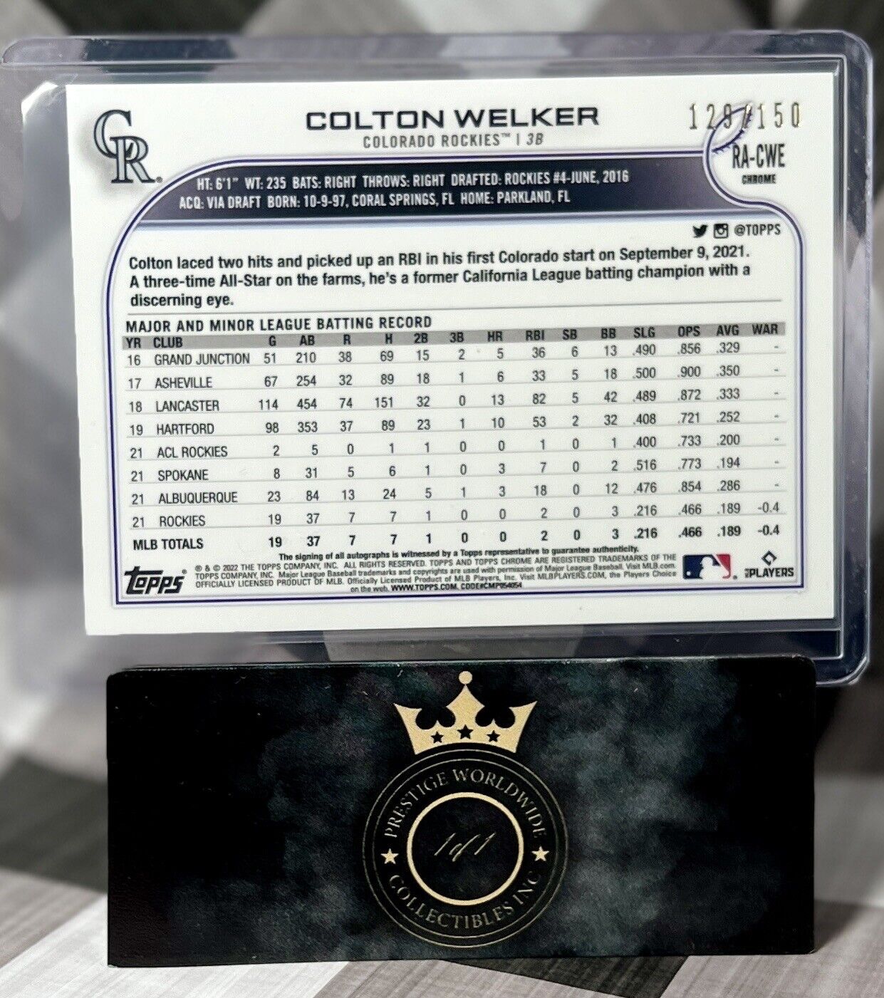 Colton Welker 2022 Topps Chrome Rookie Blue Ray Wave Refractor Auto /150 #RA-CWE