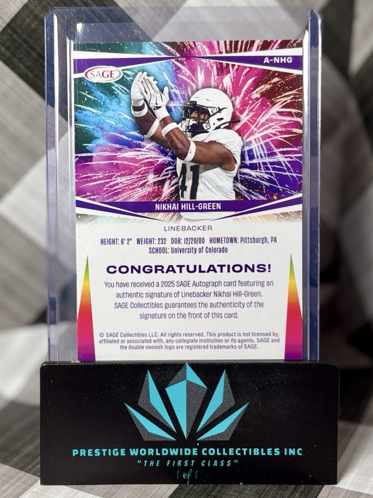 Nikhai Hill-Green 2025 Sage Rookie Auto Fireworks #A-NHG Colorado Buffaloes