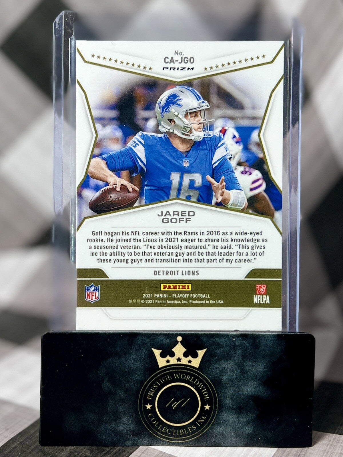 Jared Goff 2021 Panini Playoff Silver Holo Call to Arms #CA-JGO Detroit Lions