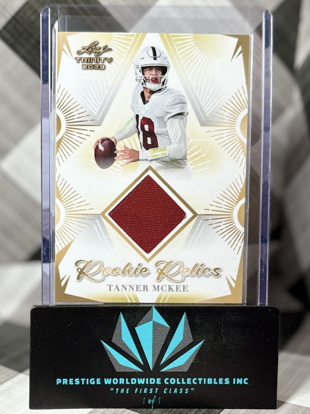 Tanner McKee 2023 Leaf Trinity Rookie Relics Jersey Patch #RR-34 PHI Eagles RC