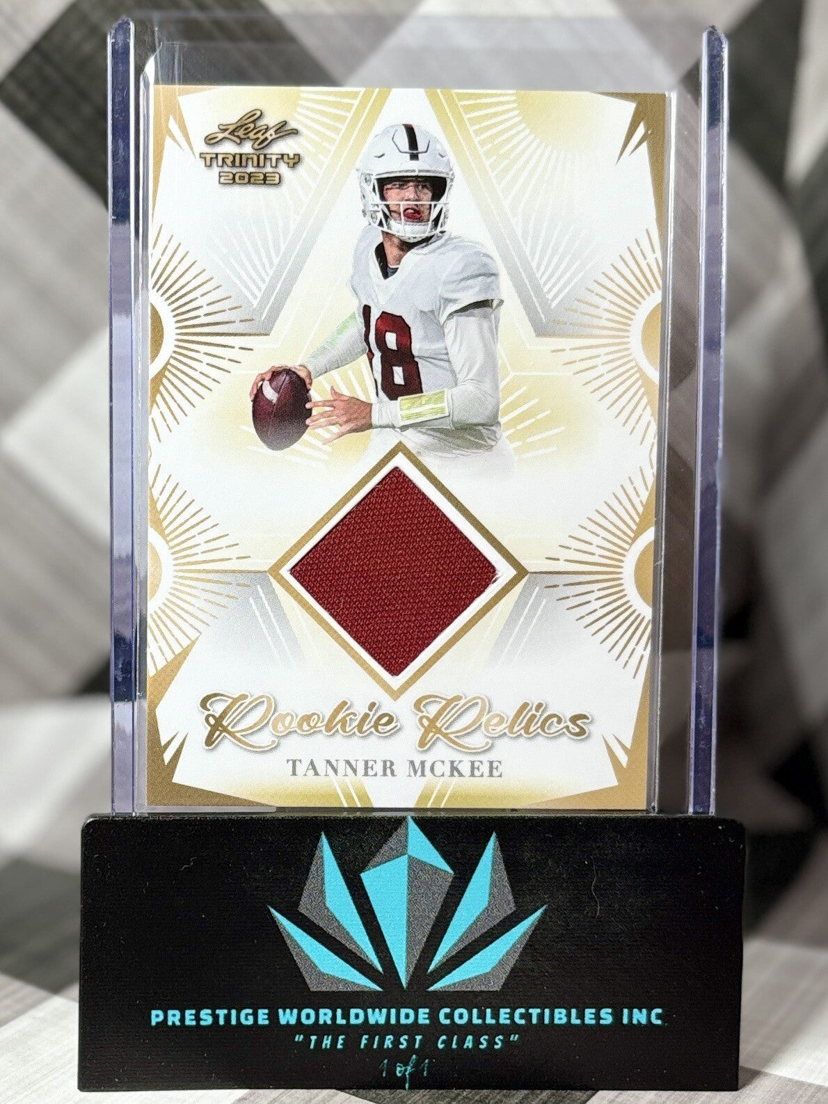Tanner McKee 2023 Leaf Trinity Rookie Relics Jersey Patch #RR-34 PHI Eagles RC