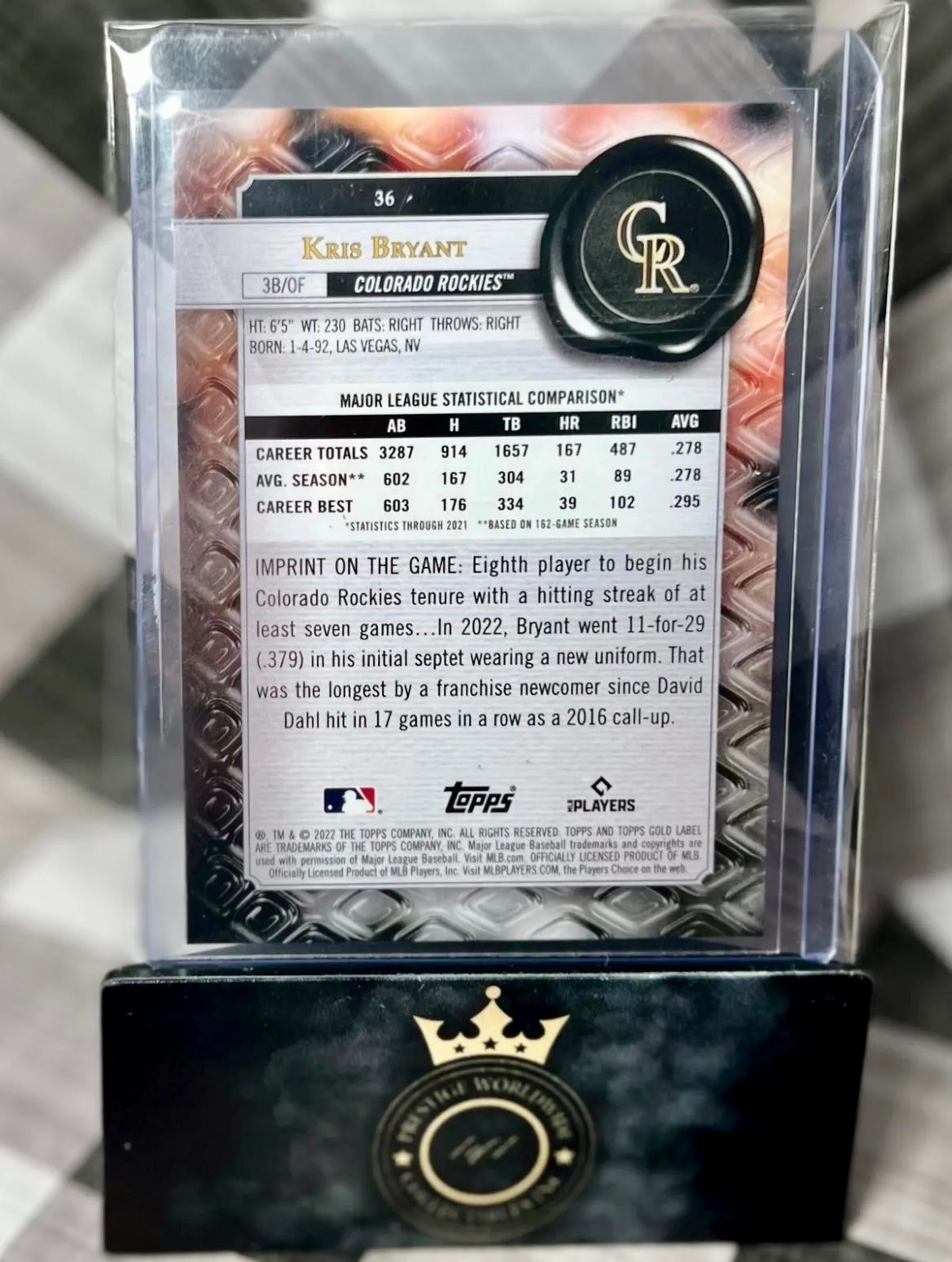 Kris Bryant 2022 Topps Gold Label /75 #36 - COL Rockies
