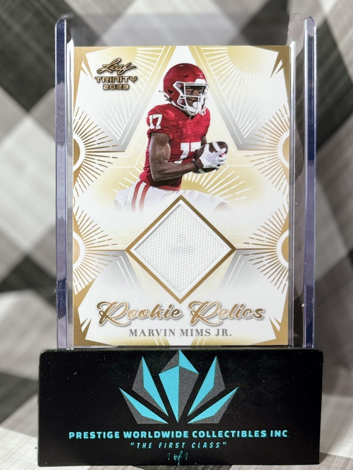 Marvin Mims 2023 Leaf Trinity Rookie Relics Won Patch #RR-24 Denver Broncos RC