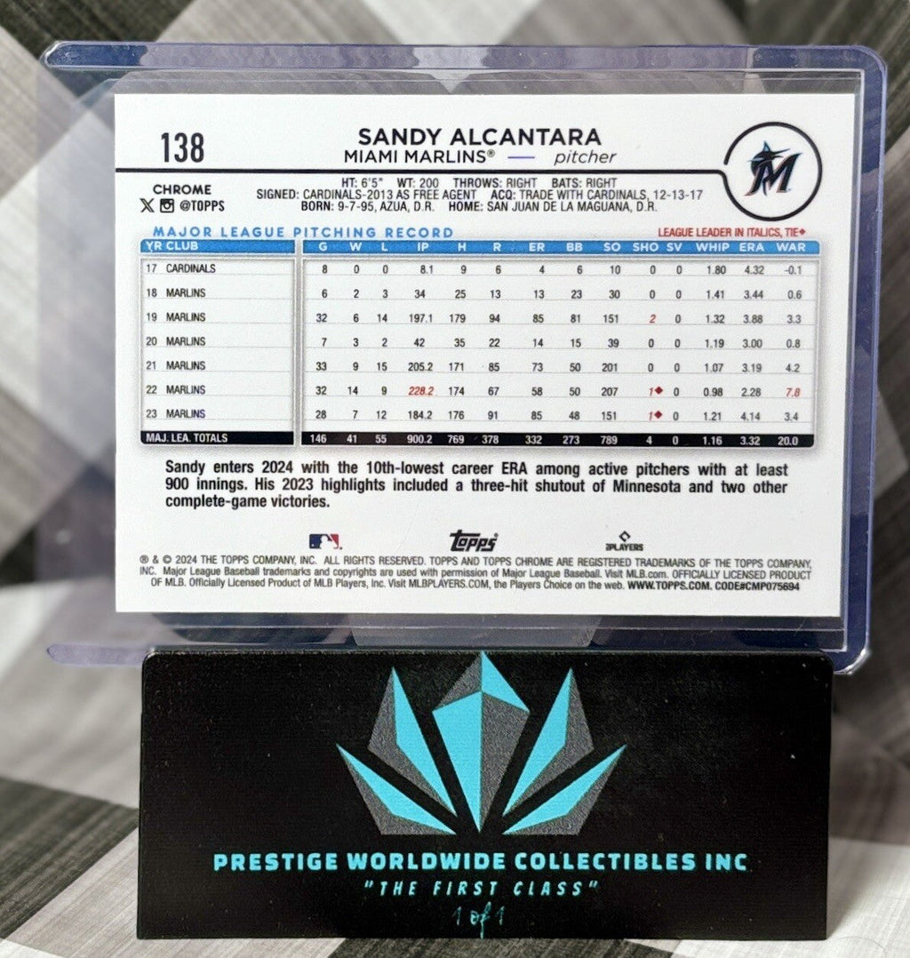 Sandy Alcantara 2024 Topps Chrome Sonar Purple Refractor /275 #138 Miami Marlins