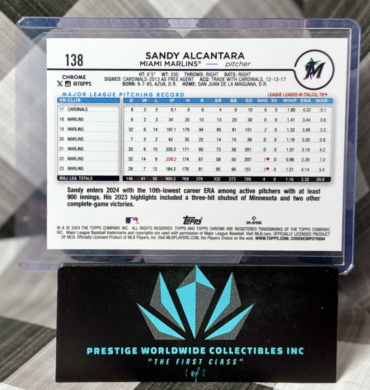 Sandy Alcantara 2024 Topps Chrome Sonar Purple Refractor /275 #138 Miami Marlins