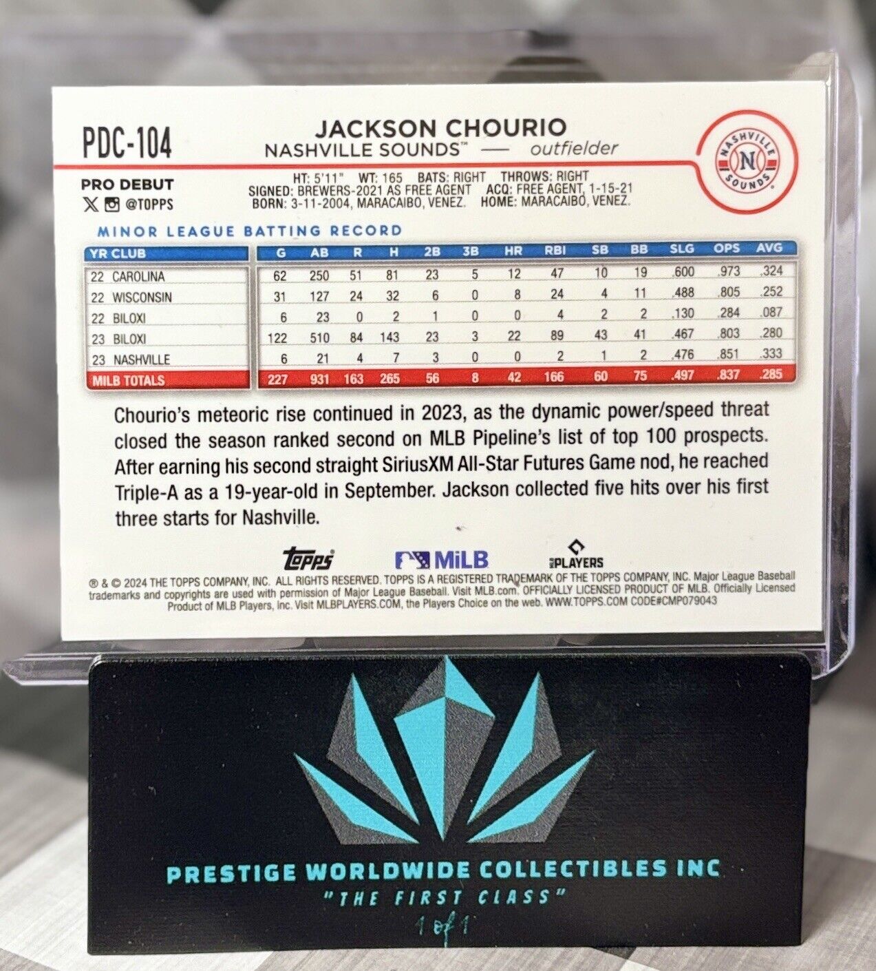 Jackson Chourio 2024 Topps Chrome Pro Debut Refractor Rookie #PDC-104 Brewers RC