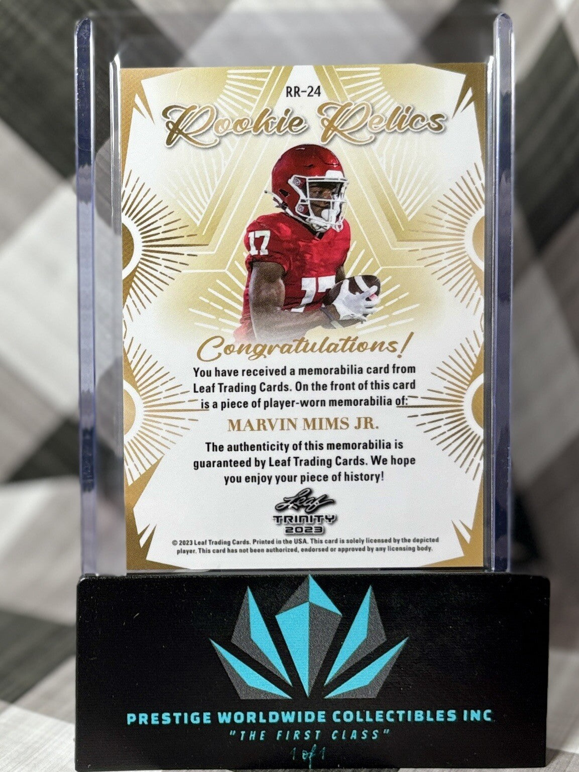 Marvin Mims 2023 Leaf Trinity Rookie Relics Won Patch #RR-24 Denver Broncos RC