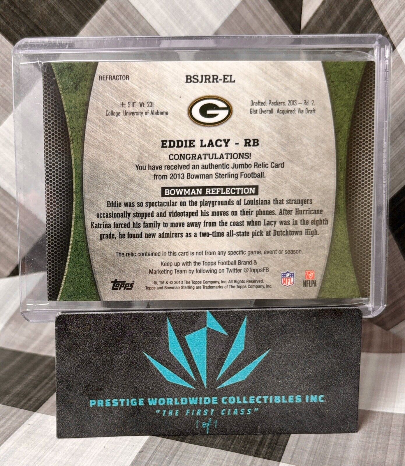 Eddie Lacy 2013 Bowman Sterling Refractor Rookie Jumbo Patch /75 #BSJRR-EL GB RC