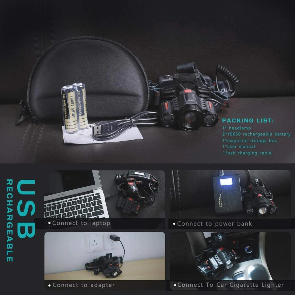 T6 Rechargeable LED Headlamp, Zoom Focus, 4 Modes, USB-C, IP55, Black/Red