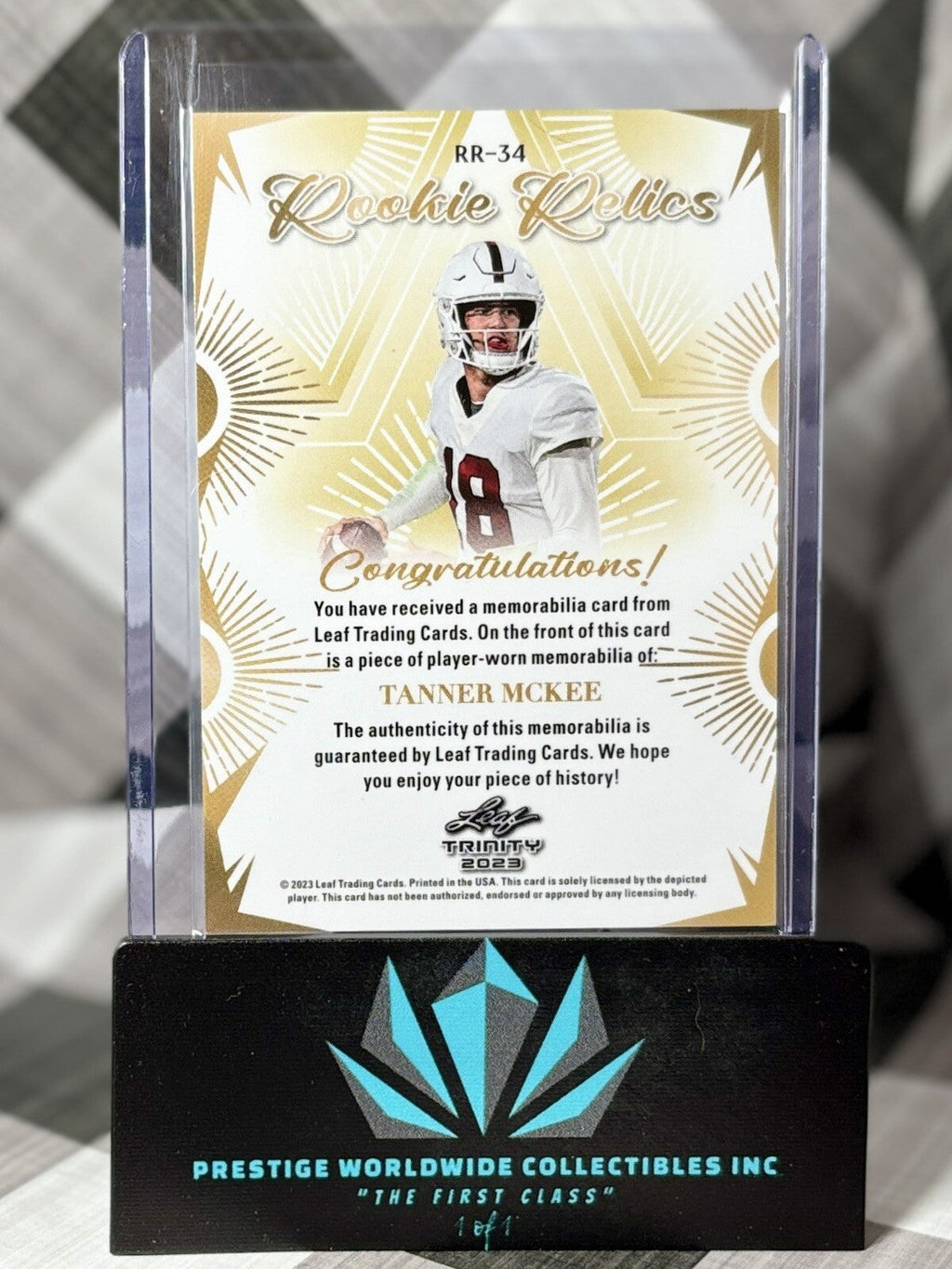 Tanner McKee 2023 Leaf Trinity Rookie Relics Jersey Patch #RR-34 PHI Eagles RC