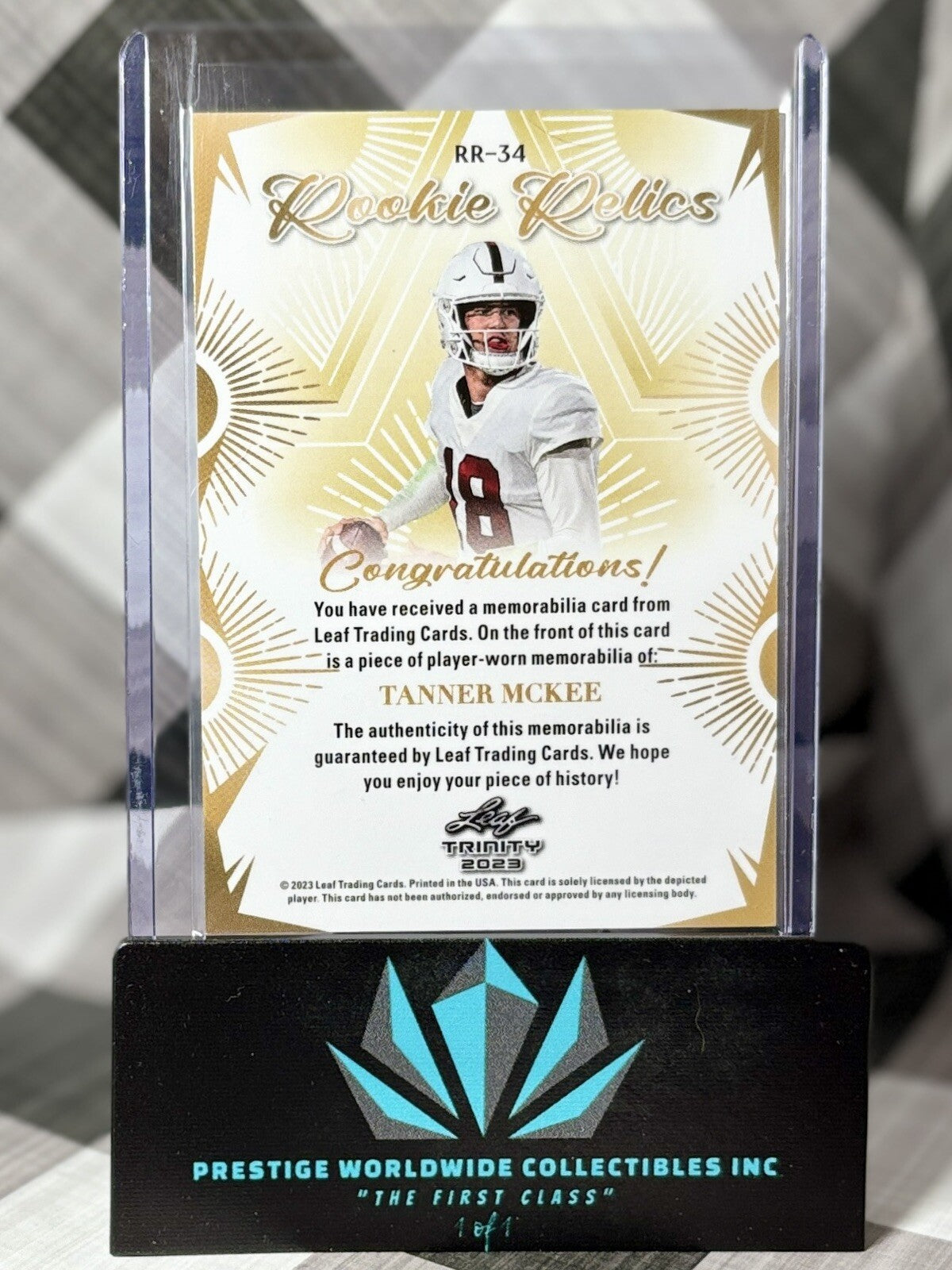 Tanner McKee 2023 Leaf Trinity Rookie Relics Jersey Patch #RR-34 PHI Eagles RC