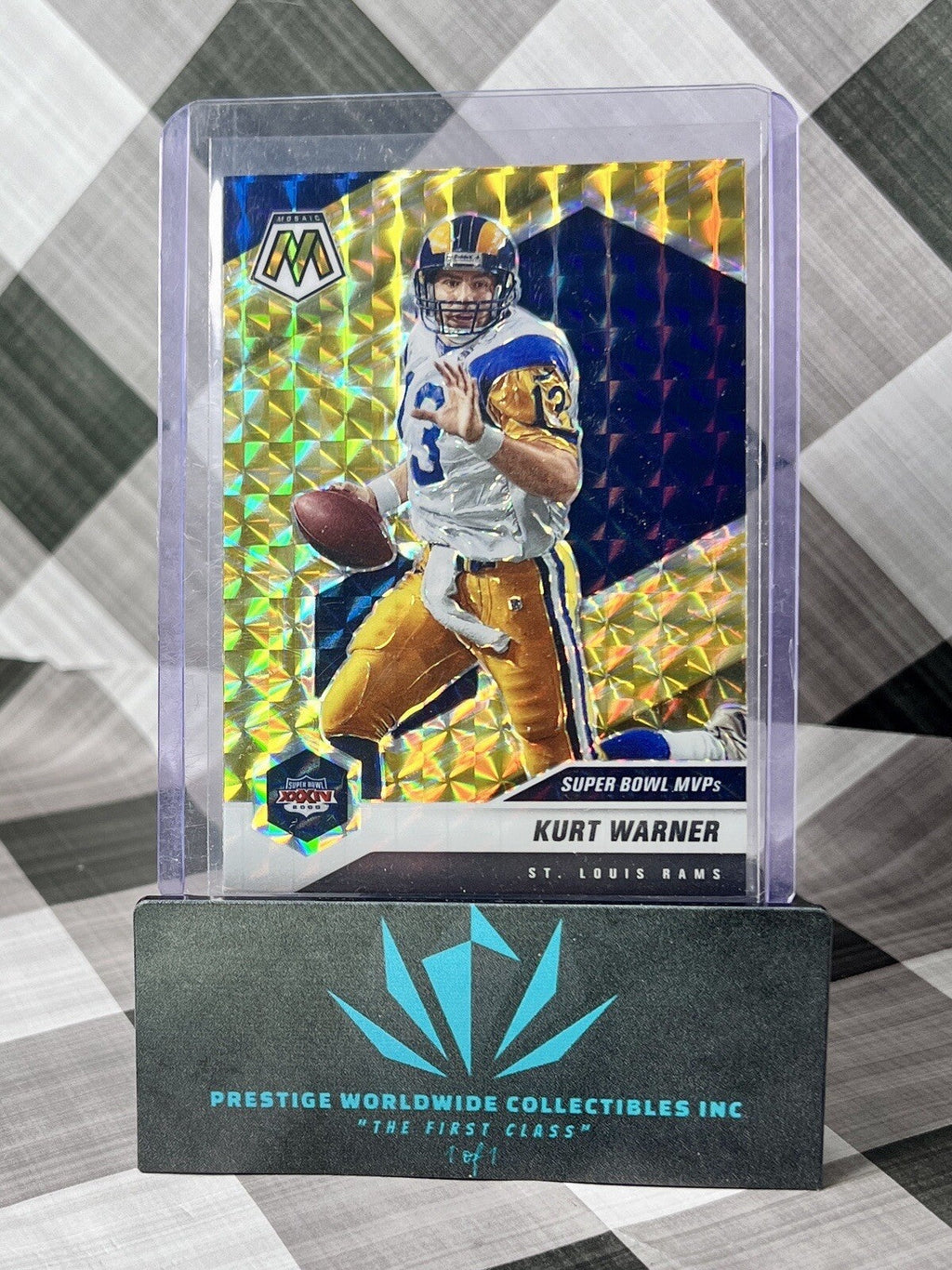 Kurt Warner 2021 Panini Mosaic Super Bowl MVPs Yellow Reactive #294 LA Rams SP