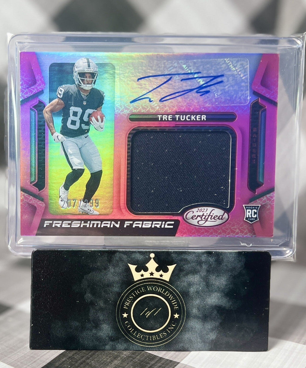 Tre Tucker 2023 Certified Freshman Fabric Pink RPA /299 #FFMS-30 Raiders RC Auto