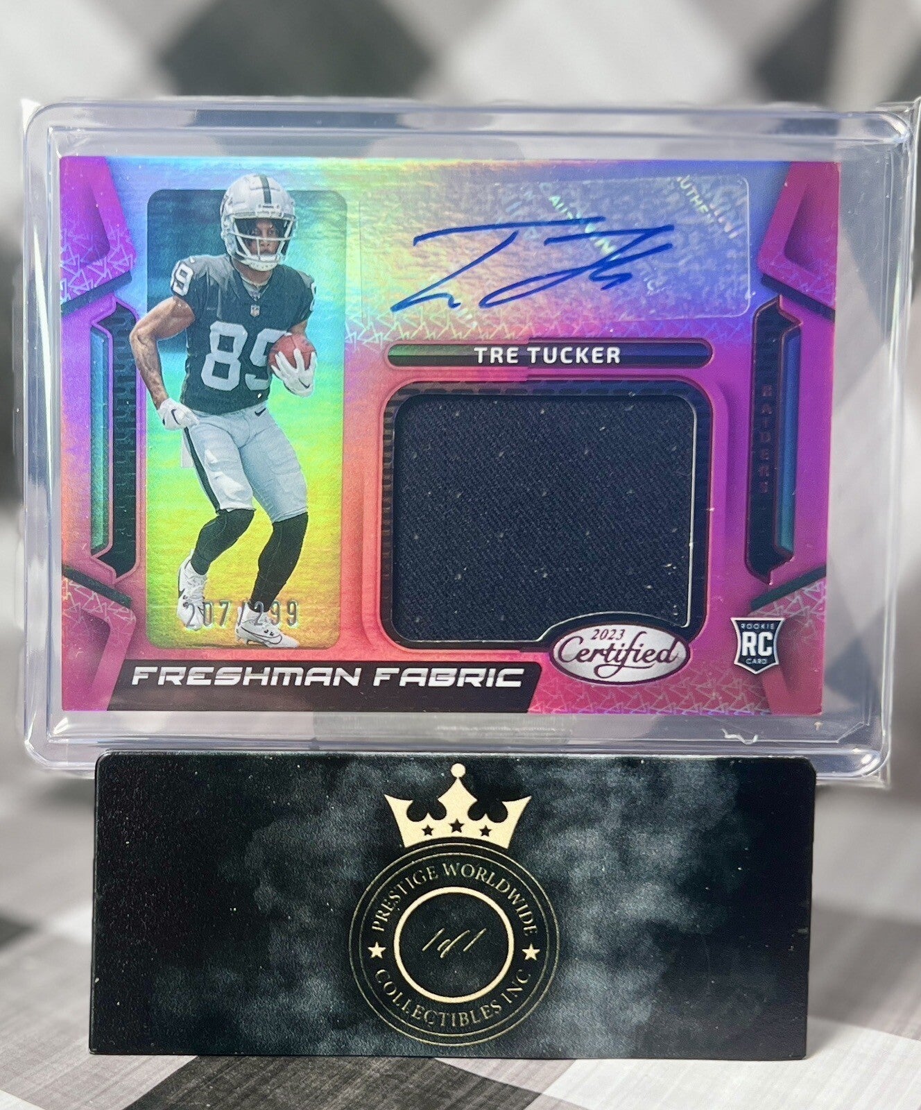 Tre Tucker 2023 Certified Freshman Fabric Pink RPA /299 #FFMS-30 Raiders RC Auto