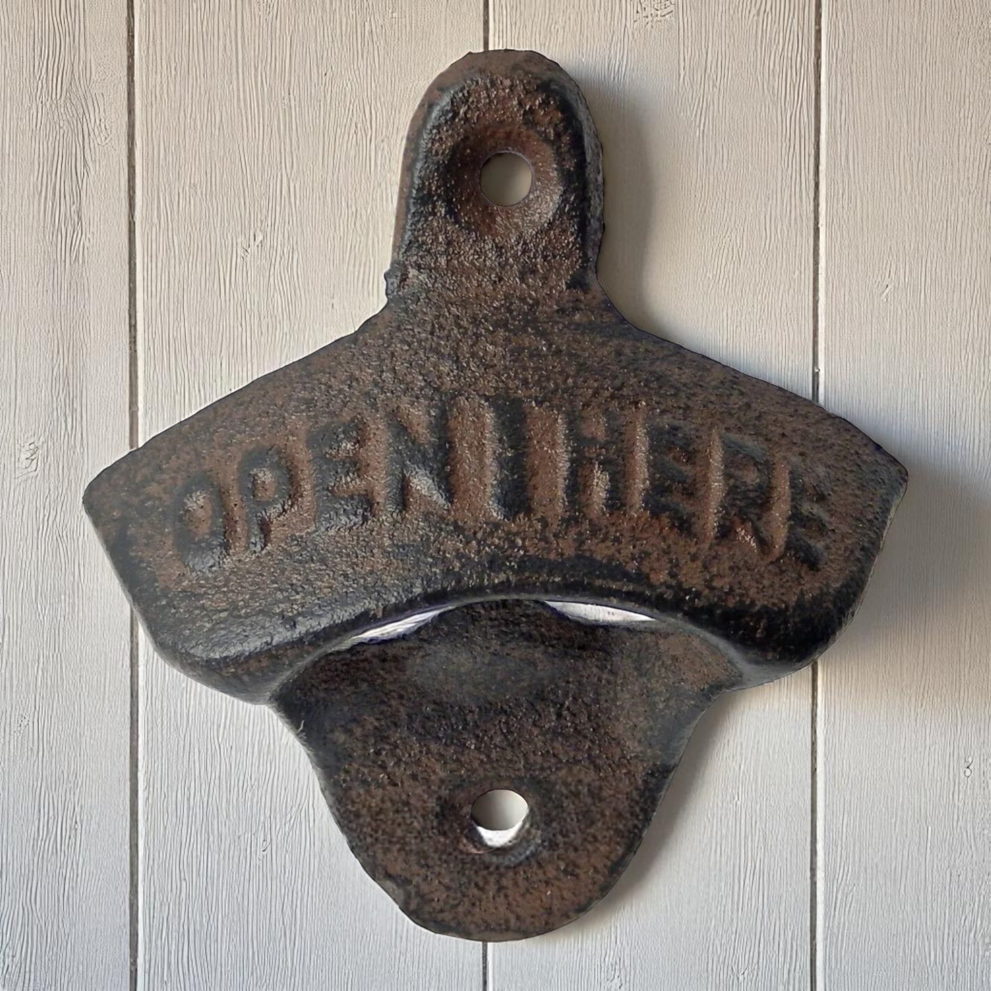 Open Here Cast Iron Bottle Opener - Vintage Rustic Wall-Mounted Bar Accessory for Home, Kitchen & Patio