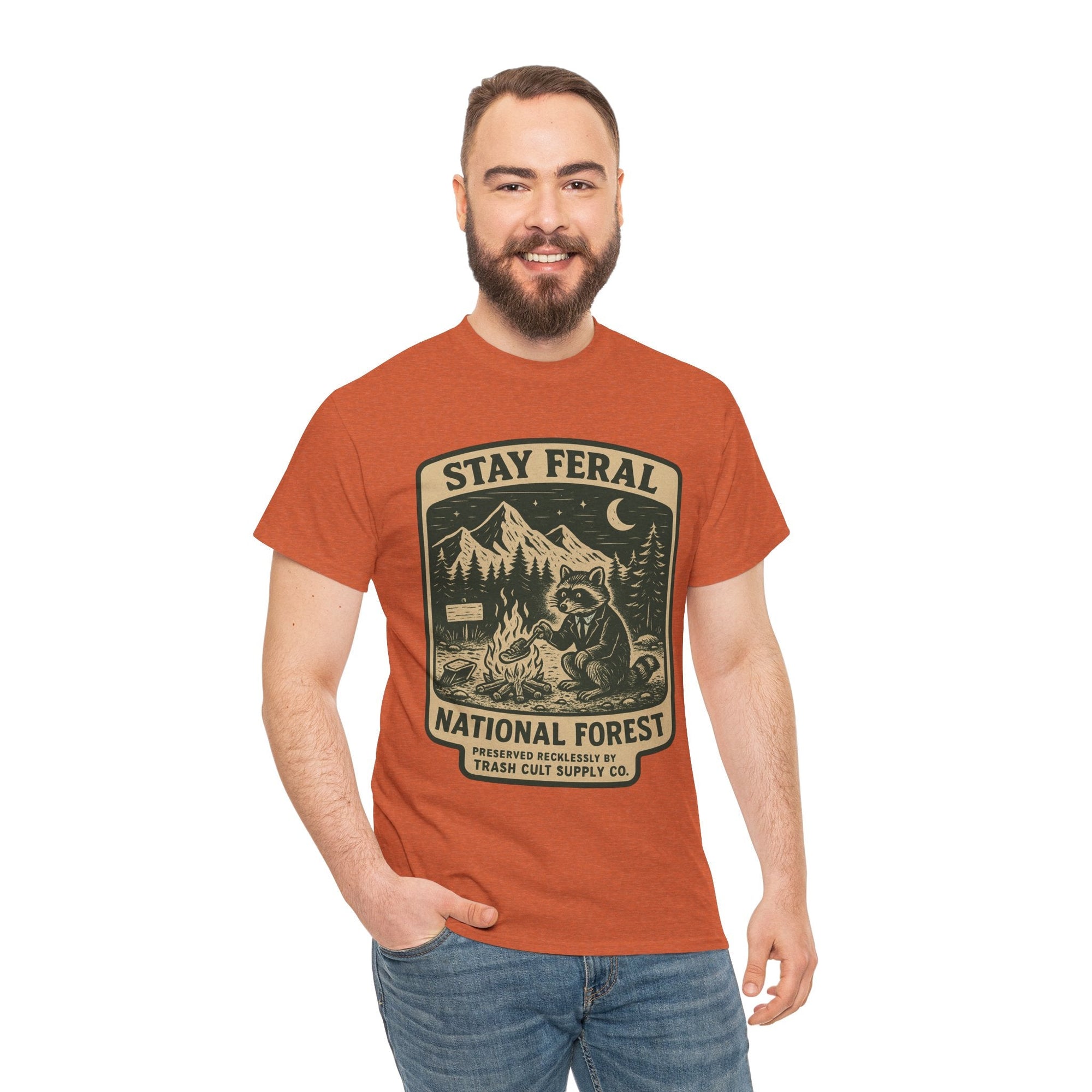 Stay Feral National Forest Shirt – Vintage Raccoon Camping Tee – Trash Cult Supply Co – Gildan 5000