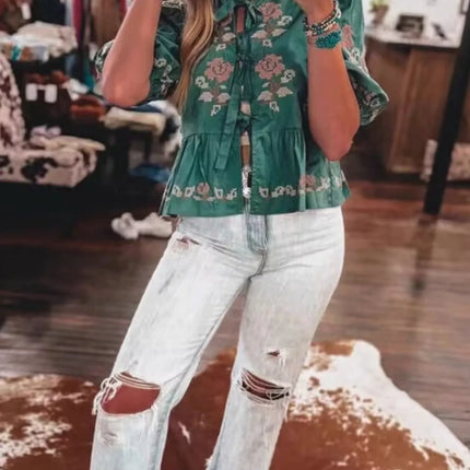 Tie Front Puff Sleeve Blouse