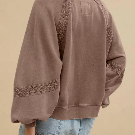 Lace Detail Notched Long Sleeve Sweatshirt
