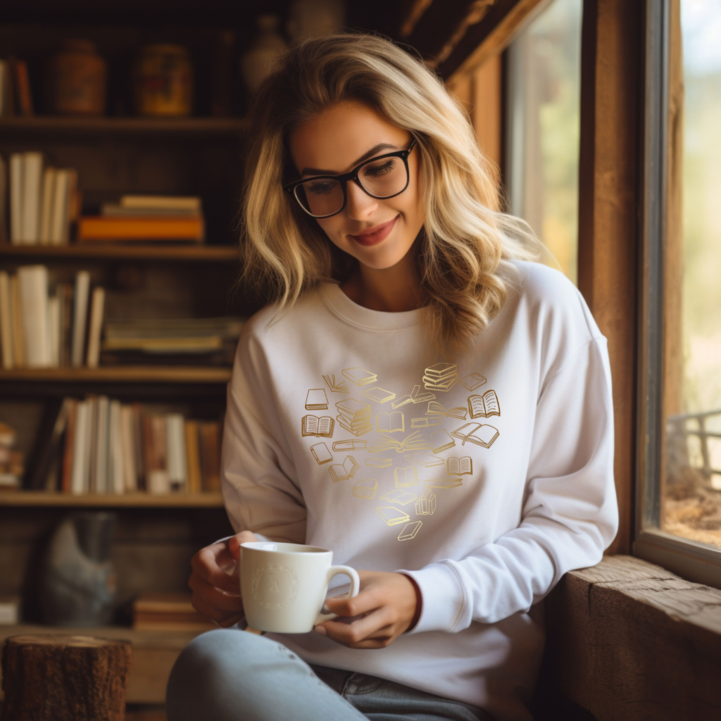 The Obstinate Octopus - "Golden Bronze Ombre Book Heart" Sweatshirt for Readers
