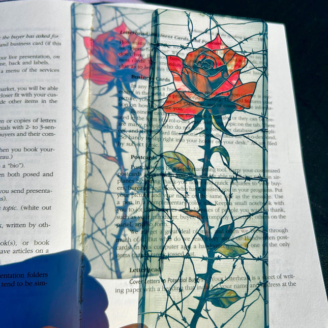 Gothic Rose Stained Glass Bookmark – Dark Romantic Floral Page Marker with Barbed Wire Aesthetic for Book Lovers
