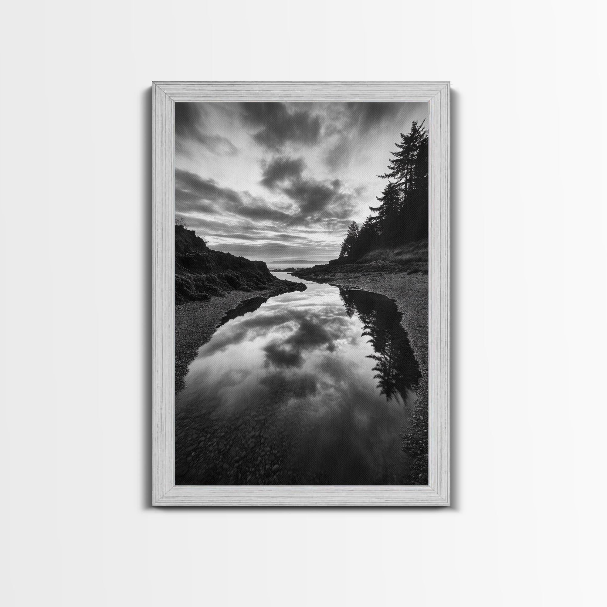 Reflective Tide Pool, Dramatic Sky, Forest Silhouette, Black and White Seascape, Framed Canvas Print, Living Room Wall Art, Nature Boho Style
