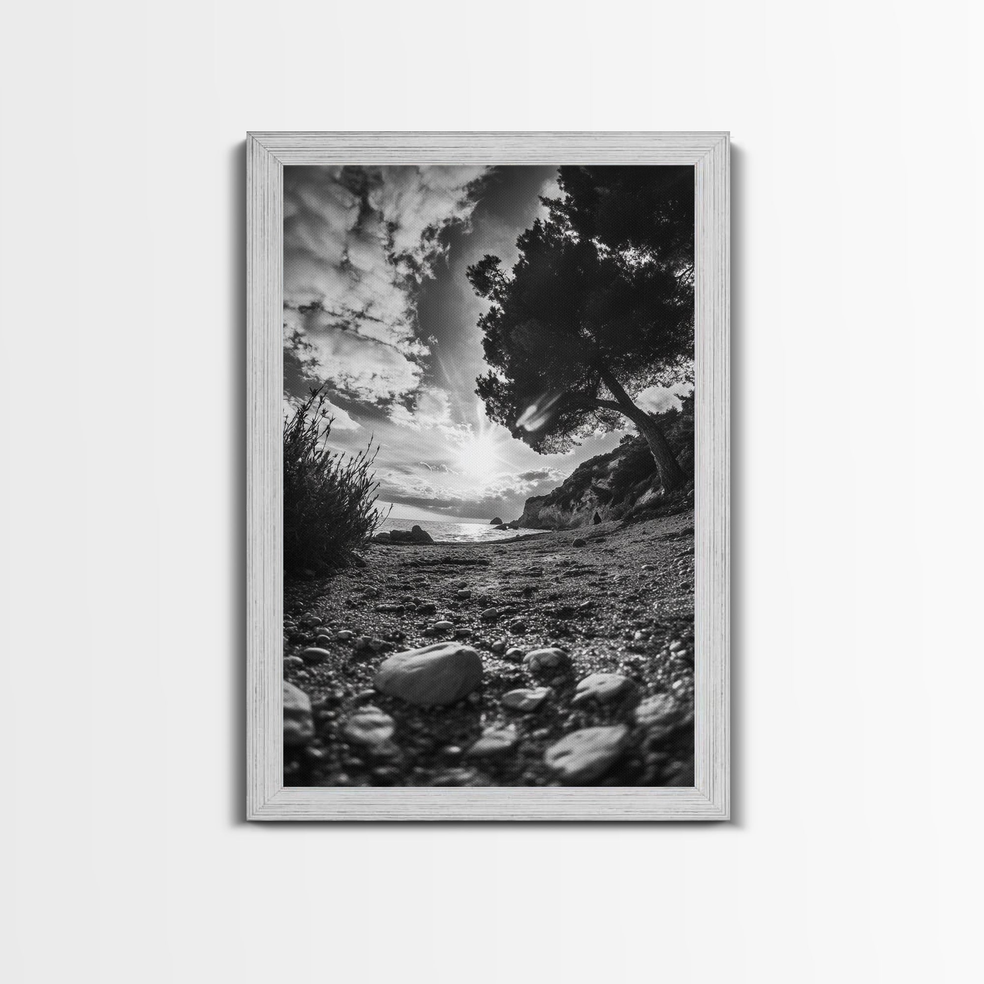 Sunset Beach View, Wide Angle Perspective, Nature Shoreline, Monochrome Landscape, Framed Canvas Print, Hallway Wall Art, Beach Decor