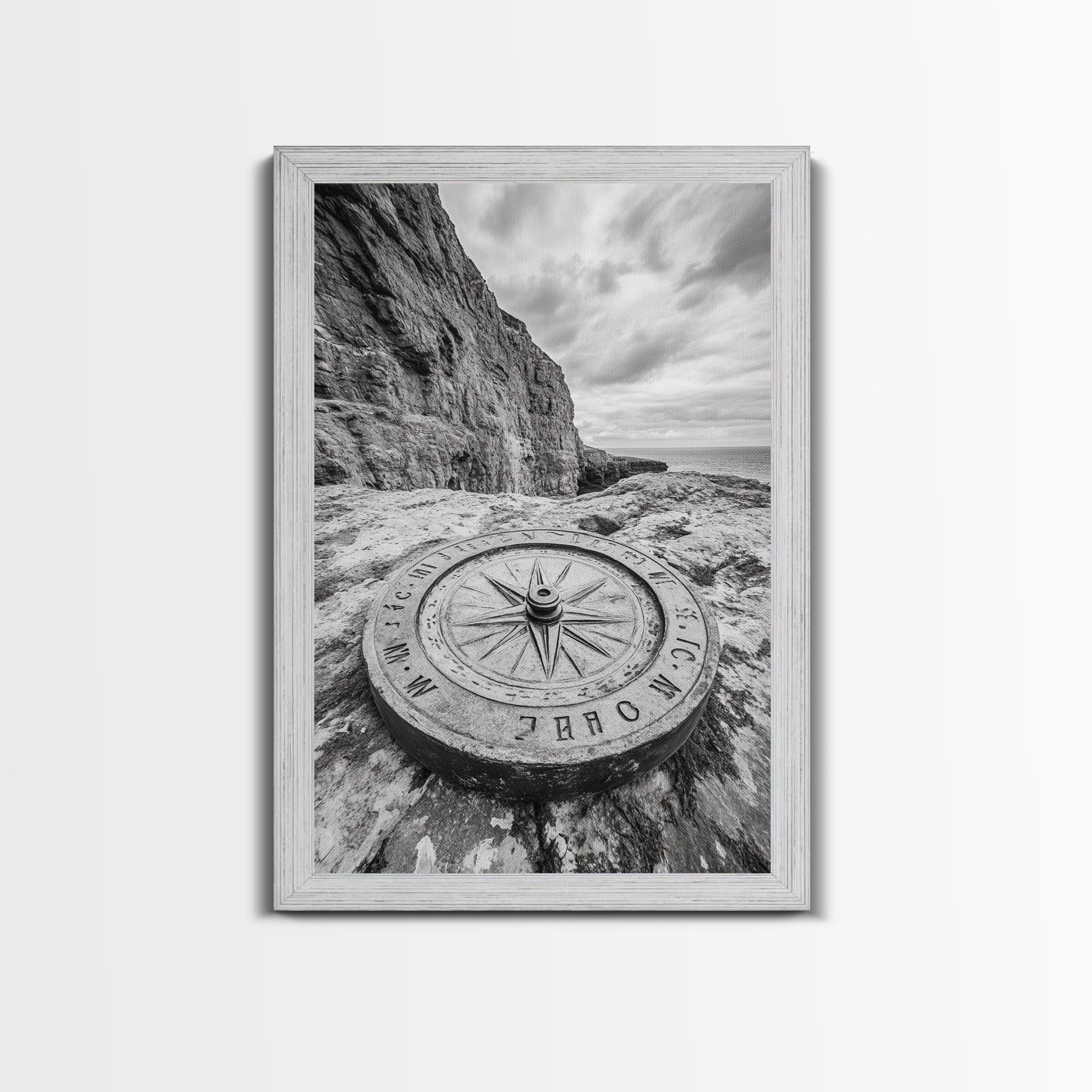 Compass On Cliff, Adventure Travel Art, Nautical Wall Decor, Framed Canvas Print, Rustic Office Art, Nature Explorer Gift Idea