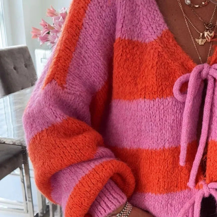 Striped Tie-Front Knit Cardigan