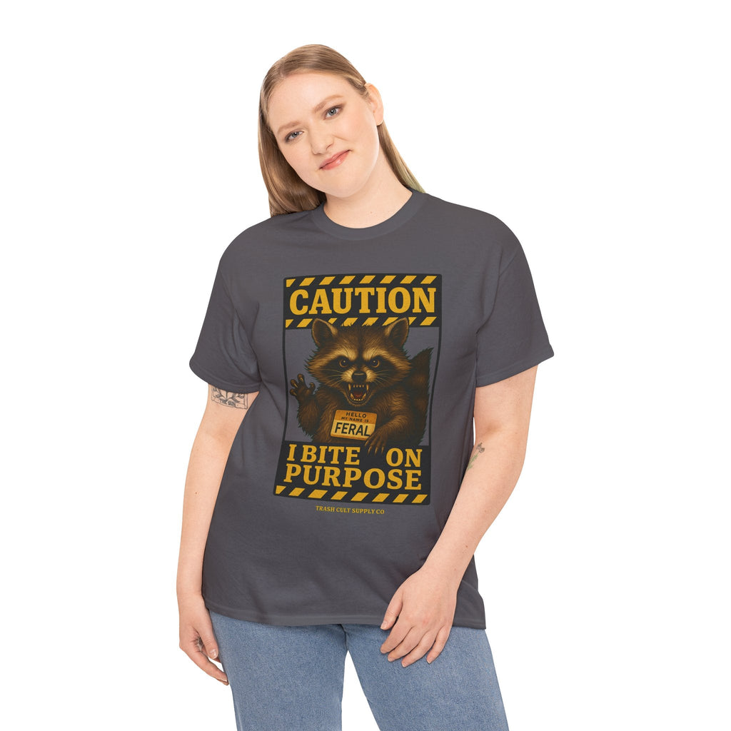 I Bite On Purpose Raccoon Warning T-Shirt – Caution Sign Style | Trash Cult Supply Co | Gildan 5000