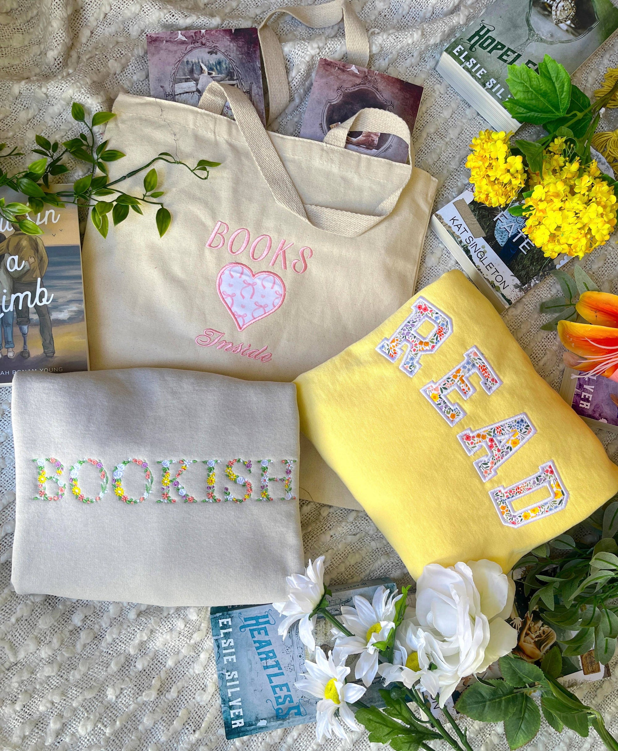 Threaded By Sabrina - Bookish Floral Spring Embroidered Sweatshirt / Book Sweashir
