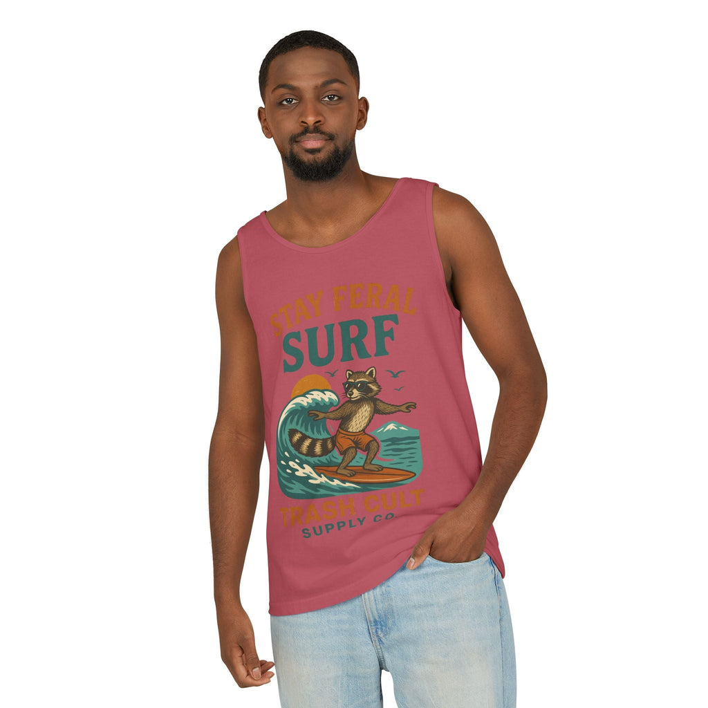 Stay Feral Surf Tank Top – Retro Raccoon Beach Tank – Trash Cult Supply Co – Comfort Colors 9360