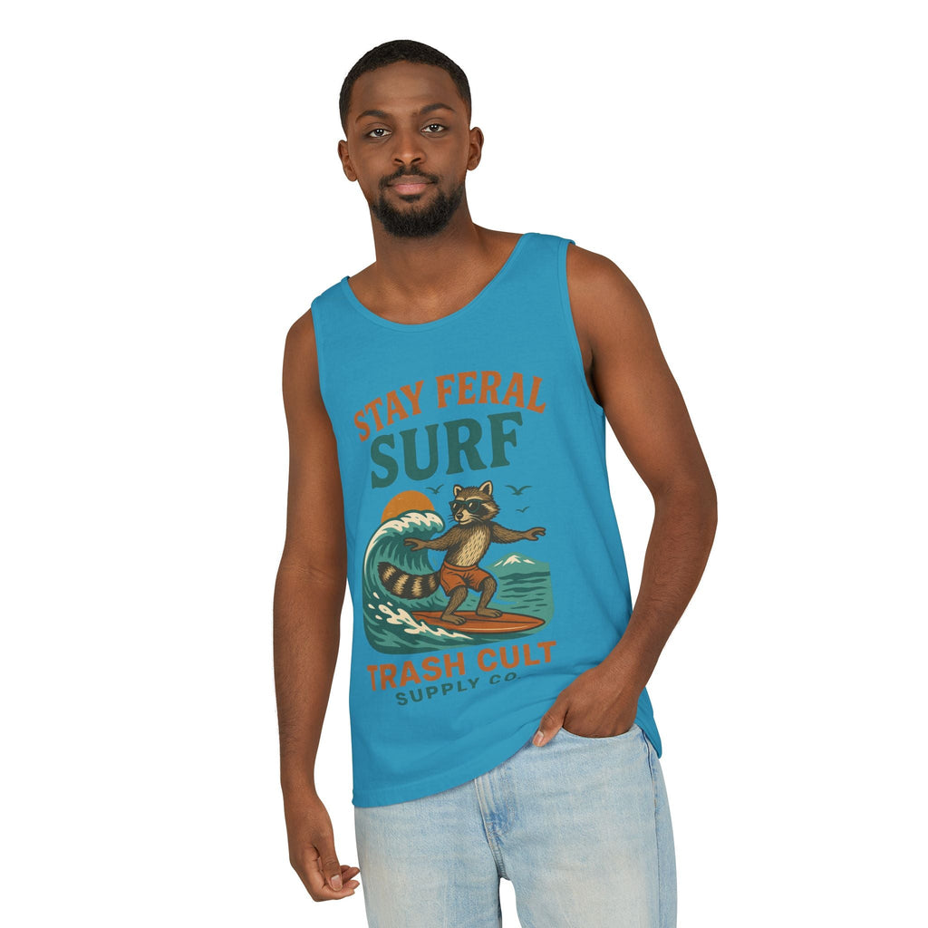Stay Feral Surf Tank Top – Retro Raccoon Beach Tank – Trash Cult Supply Co – Comfort Colors 9360