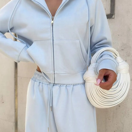 Zip Up Drawstring Hoodie and Pants Set