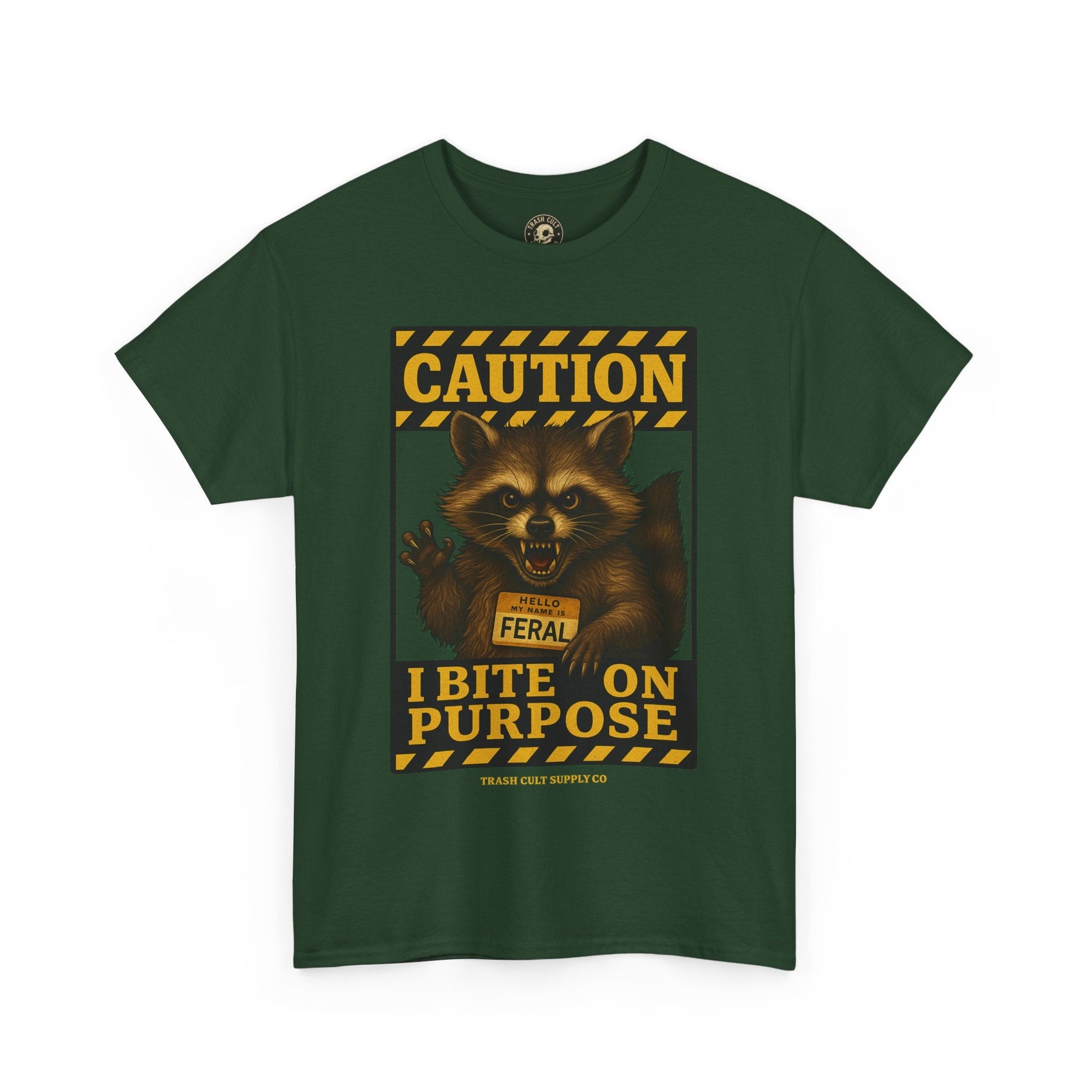 I Bite On Purpose Raccoon Warning T-Shirt – Caution Sign Style | Trash Cult Supply Co | Gildan 5000