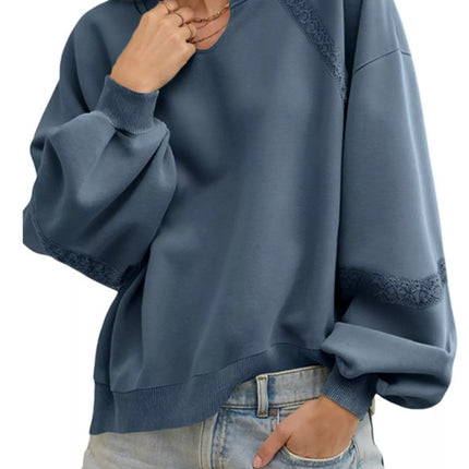 Lace Detail Notched Long Sleeve Sweatshirt