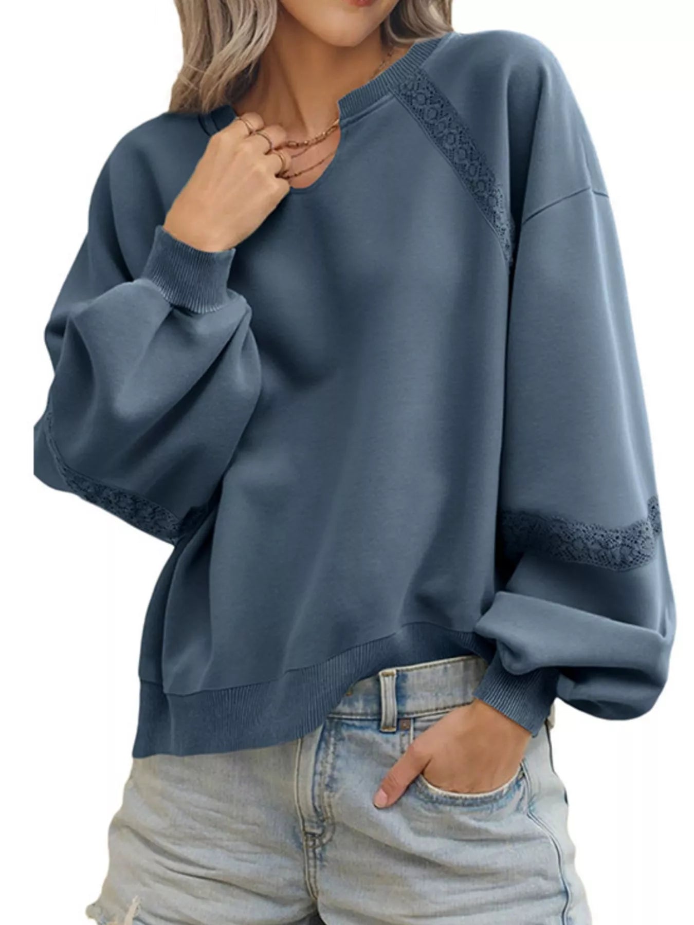 Lace Detail Notched Long Sleeve Sweatshirt