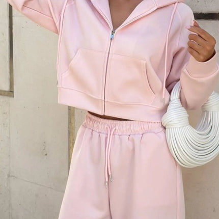 Zip Up Drawstring Hoodie and Pants Set